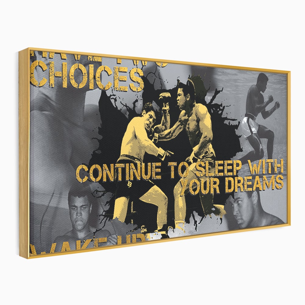 Tablou canvas cu tablou canvas motivational cu muhammad ali, in rama de aluminiu auriu
